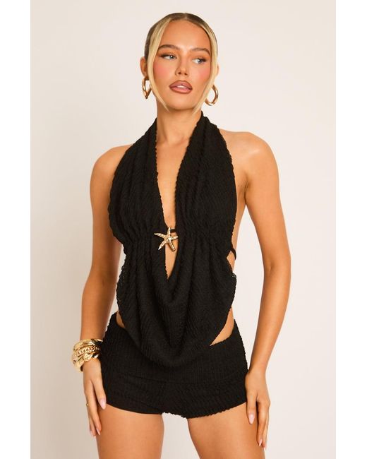 Rebellious Fashion Black Textured Starfish Trim And Short Co-Ord Set