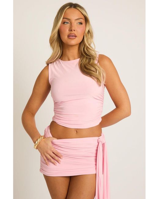 Rebellious Fashion Pink Ruched Sleeveless Cropped Top & Mini Skirt Co-Ord Set