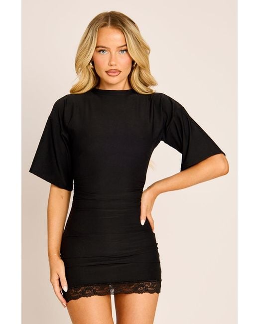 Rebellious Fashion Black Lace Trim T-Shirt Dress