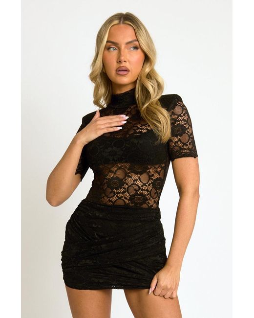 Rebellious Fashion Natural Lace High Neck Wrap Mini Dress