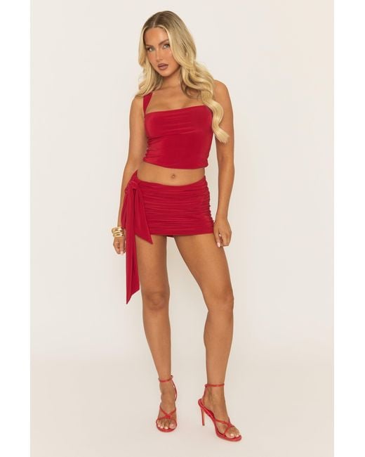Rebellious Fashion Red Square Neck Top And Ruched Mini Skirt Co-Ord Set
