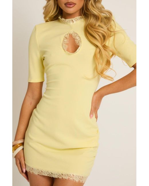 Rebellious Fashion Yellow Shoulder Pad Lace Trim Mini Dress