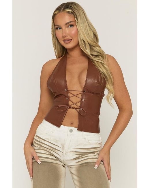 Rebellious Fashion Brown Tan Faux Leather Lace Front Halter Top