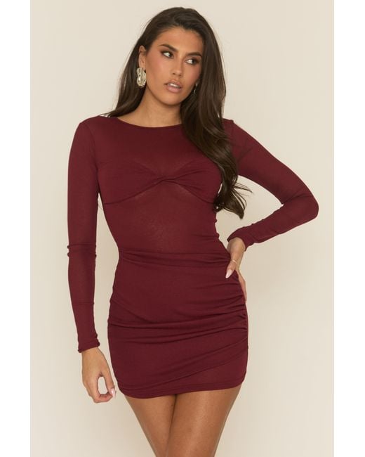 Rebellious Fashion Red Twist Front Long Sleeve Mini Dress
