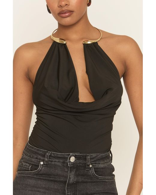 Rebellious Fashion Black Trim Cowl Neck Bodysuit