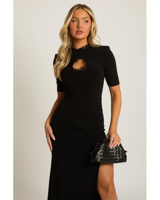 Rebellious Fashion Black Split Front Shoulder Pad Maxi Dress