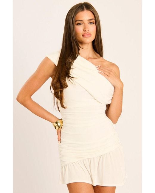 Rebellious Fashion Natural Off Shoulder Asymmetric Ruched Mini Dress