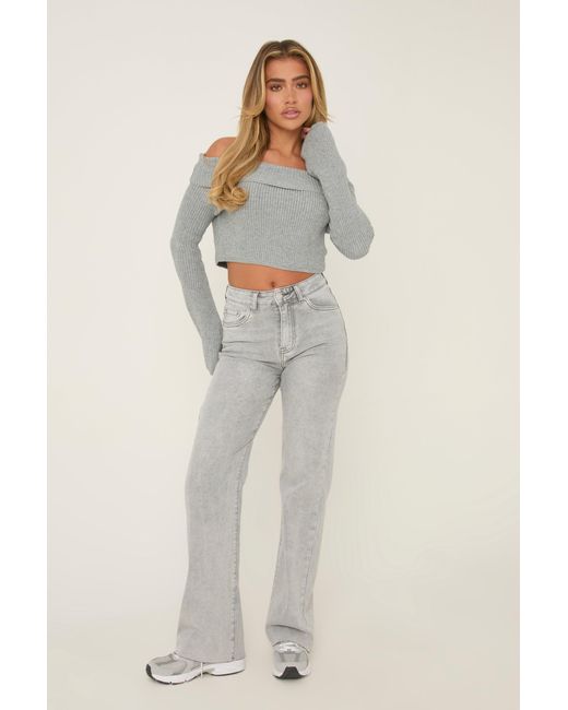 Rebellious Fashion Gray Light Stretch Straight Leg Frayed Hem Jeans