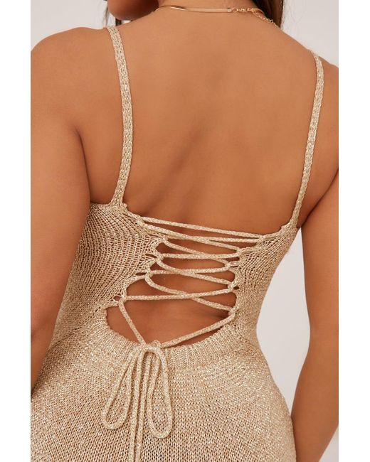 Rebellious Fashion Natural Metallic Knit Side Slit Lace Maxi Dress