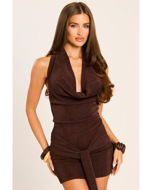 Rebellious Fashion Brown Acetate Tie Front Dress
