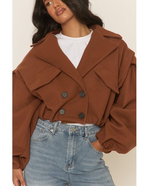 Rebellious Fashion Brown Wool Look Double Breasted Cropped Trench Coat