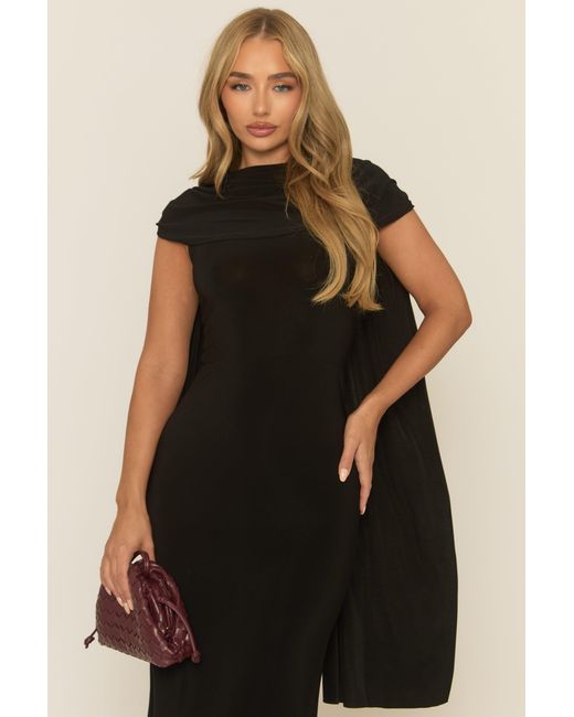 Rebellious Fashion Black Gathered Cape Maxi Dress