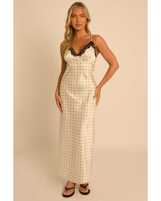 Rebellious Fashion Natural Ivory Polka Dot Satin Slip Maxi Dress