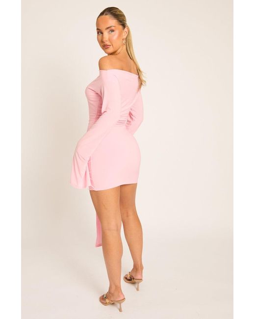 Rebellious Fashion Pink Long Flared Sleeves Drape Detail Bodycon Mini Dress