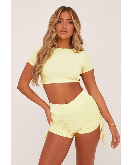 Rebellious Fashion Natural Tie Back Crop Top & Ruched Side Shorts Co-Ord Set