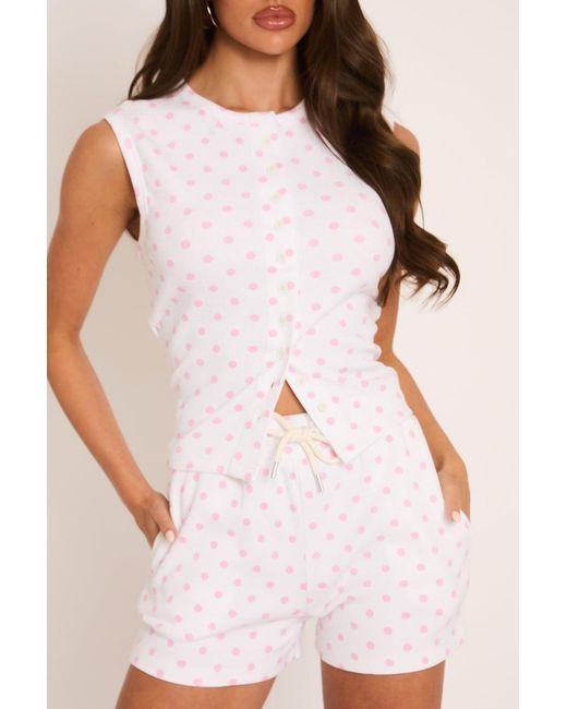 Rebellious Fashion Pink Polka Dot Sleeveless Button Front Rib Top And Short Loungewear Co-Ord Set