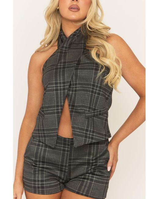Rebellious Fashion Blue Check Twist Neck Top And Short Co-Ord