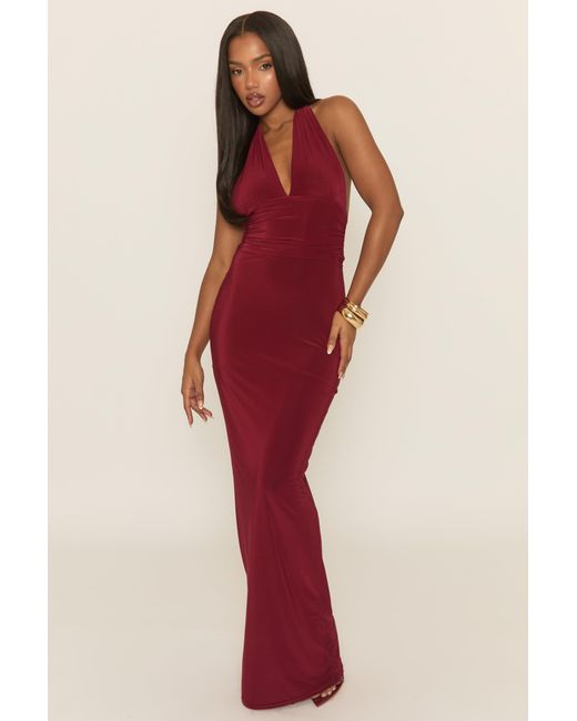 Rebellious Fashion Red Halterneck Tie Back Maxi Dress