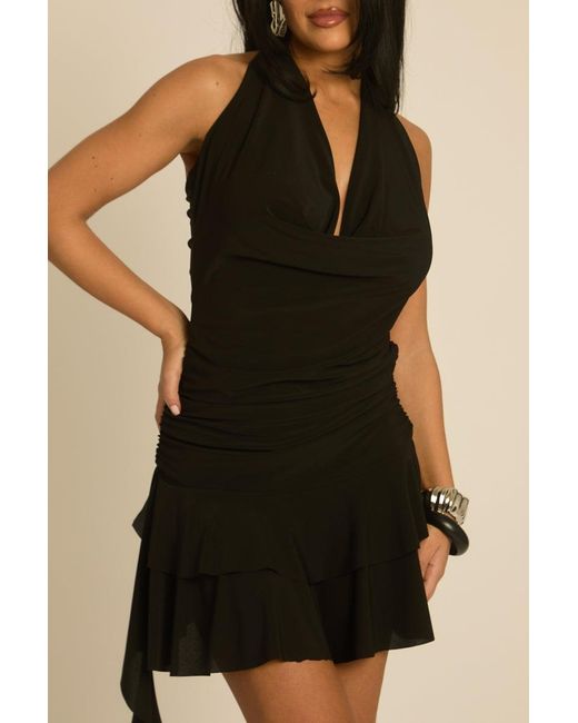 Rebellious Fashion Brown Cowl Asymmetric Frill Mini Dress