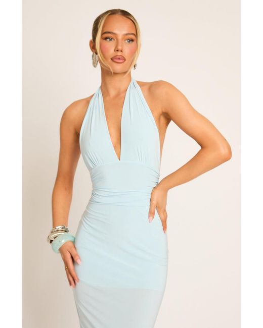 Rebellious Fashion Blue Halterneck Tie Back Maxi Dress