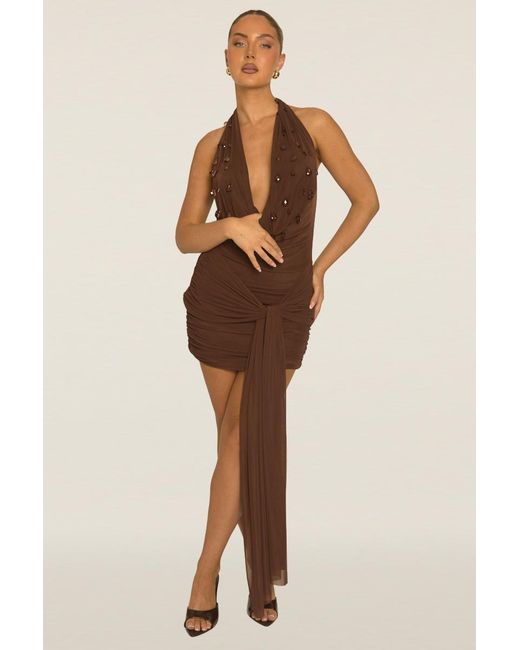 Rebellious Fashion Brown Beaded Cowl Mini Dress