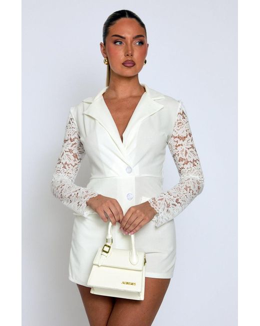 Rebellious Fashion Natural Lace Sleeve Tailored Blazer Playsuit