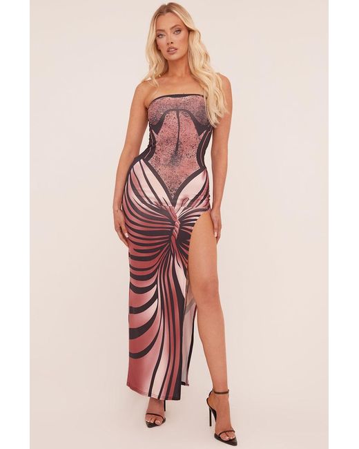 Rebellious Fashion Pink Abstract Print Bandeau Side Slit Maxi Dress