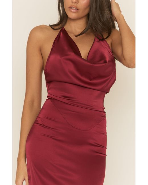 Rebellious Fashion Red Satin Cowl Neck Maxi Dress