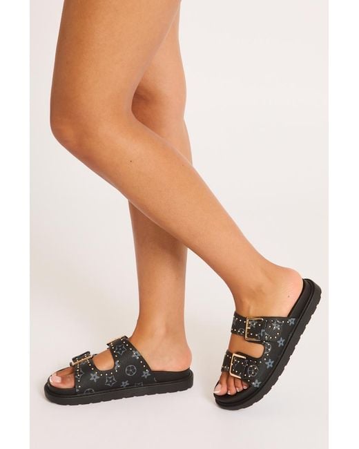 Rebellious Fashion Black Faux Leather Logo Monogram Studded Sandals
