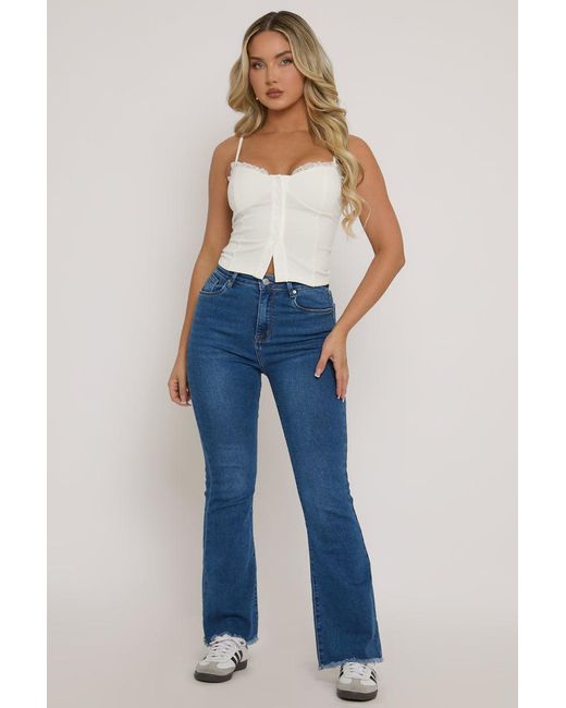 Rebellious Fashion Blue Lace Trim Button Down Corset Top