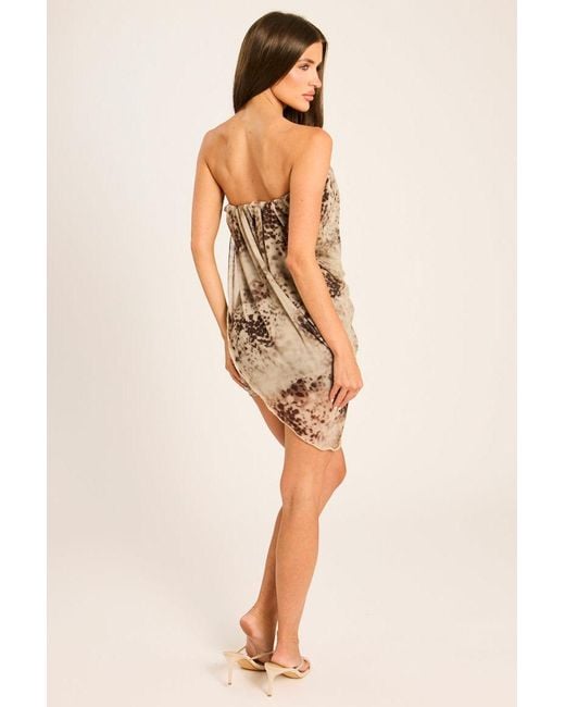 Rebellious Fashion Natural Abstract Print Bandeau Mesh Overlay Mini Dress