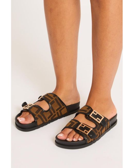 Rebellious Fashion Black Monogram Buckle Detail Slider Sandals