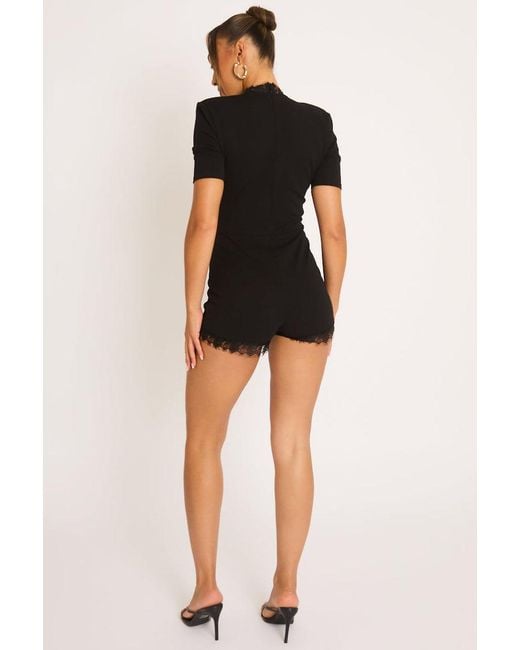 Rebellious Fashion Black Shoulder Pad Lace Trim Playsuit