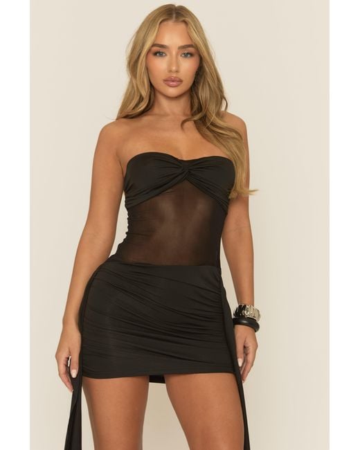 Rebellious Fashion Black Bandeau Drape Mesh Insert Mini Dress