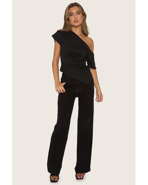 Rebellious Fashion Black Stretch Denim Diamante Wide Leg Jeans