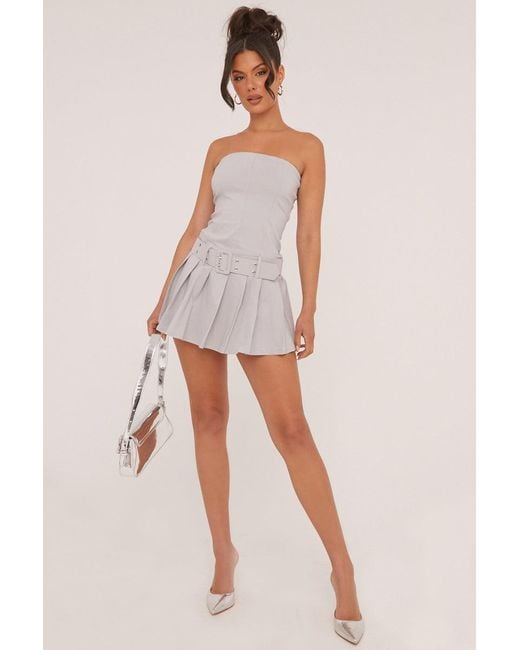 Rebellious Fashion White Bandeau Pleat Detail Waist Belt Mini Dress