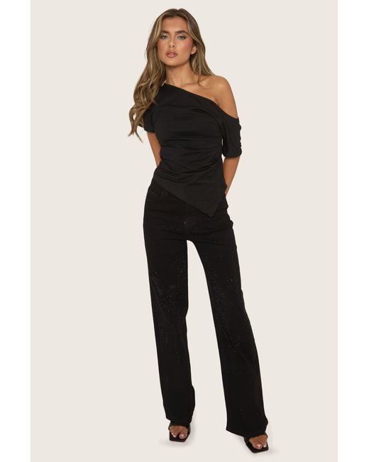 Rebellious Fashion Black Stretch Denim Diamante Wide Leg Jeans