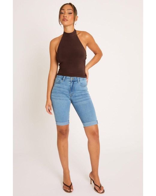Rebellious Fashion Blue Washed High Waisted Bermuda Denim Shorts