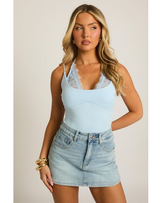 Rebellious Fashion Blue Lace Trim Halter Bodysuit