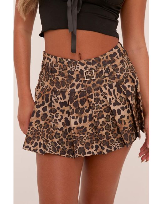 Rebellious Fashion Natural Leopard Print Pleated Belt Detail Micro Mini Skirt