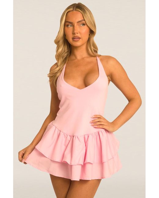Rebellious Fashion Pink Frill Hem Halterneck Mini Dress