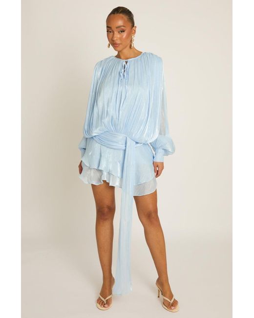 Rebellious Fashion Blue Tie Front Blouson Mini Dress