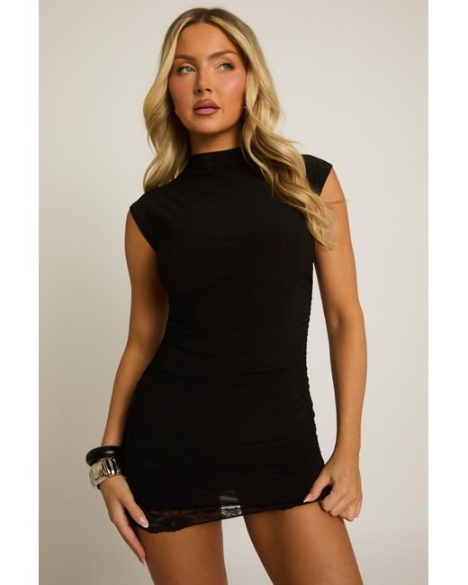 Rebellious Fashion Black Gathered Lace Trim Mini Dress