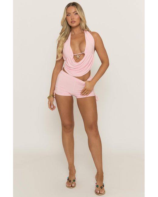 Rebellious Fashion Pink Starfish Trim Top And Ruched Short Co-Ord Set