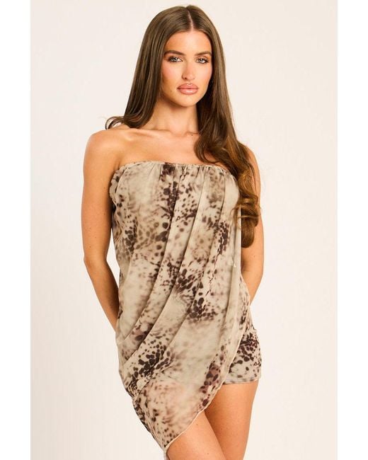 Rebellious Fashion Natural Abstract Print Bandeau Mesh Overlay Mini Dress