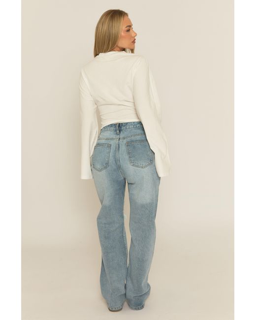 Rebellious Fashion Blue Mid Wash Denim Distressed Knee Extra Long Jeans