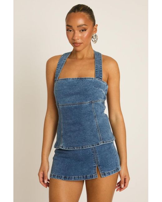 Rebellious Fashion Blue Mid Denim Seam Detail Top