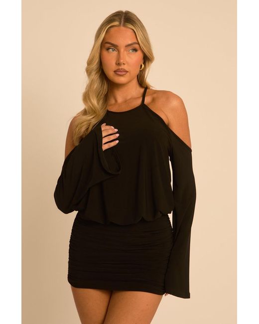 Rebellious Fashion Natural Cold Shoulder Blouson Mini Dress