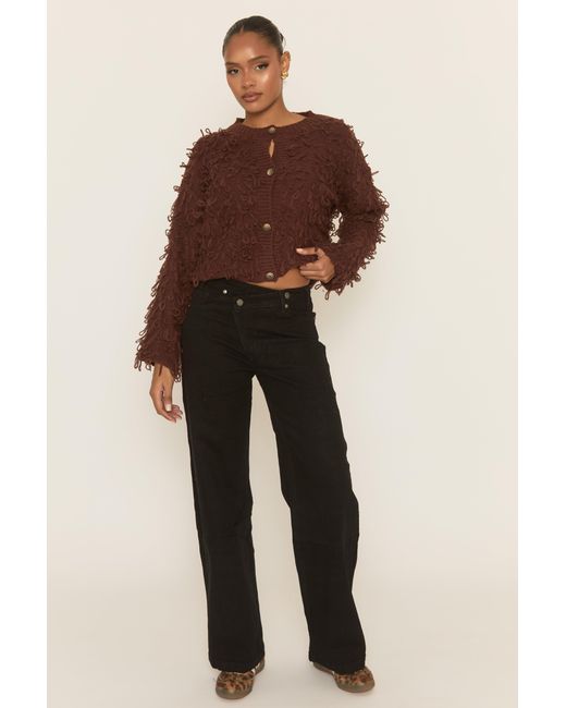 Rebellious Fashion Brown Loop Knit Fringe Button Up Cardigan