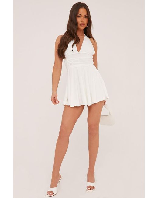 Rebellious Fashion White Halter Plunge Neck Mini Dress